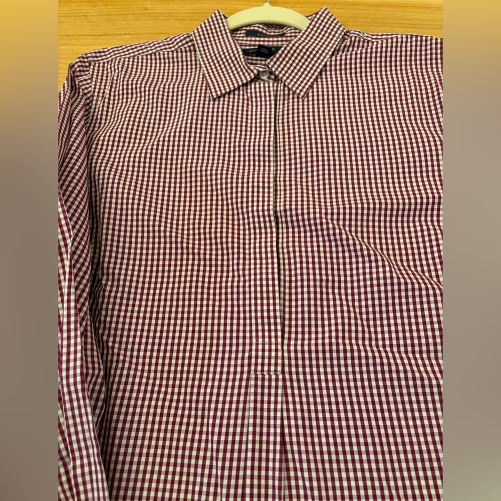 Lands' End Women’s 16W Burgundy and White Gingham No-Iron Cotton Popover Blouse